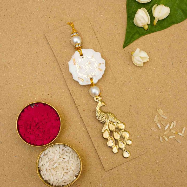 Personalized Handmade White Resin Lumba Rakhi For Bhabhi With Roli Chawal - Styled with Traditional Items