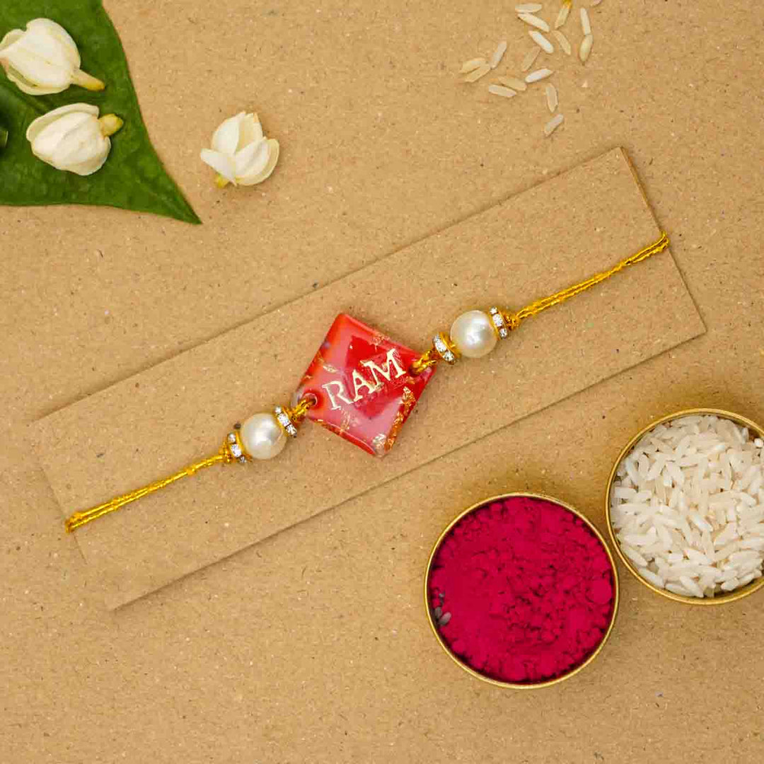 Personalized Handmade Red Resin Rakhi With Roli Chawal