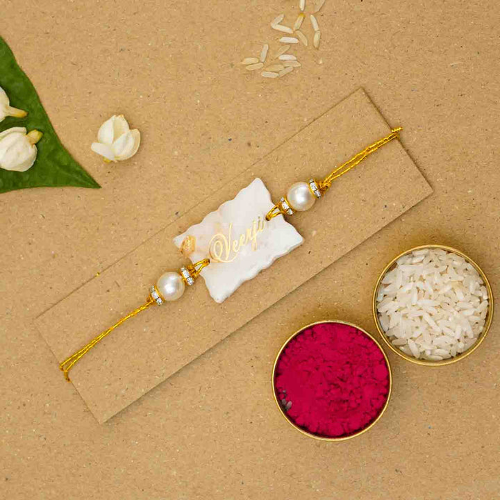 Personalized Handmade White Resin Rakhi With Roli Chawal
