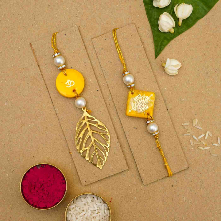 Personalized Handmade Yellow Resin Bhaiya Bhabhi Rakhi With Roli Chawal | Set of 2