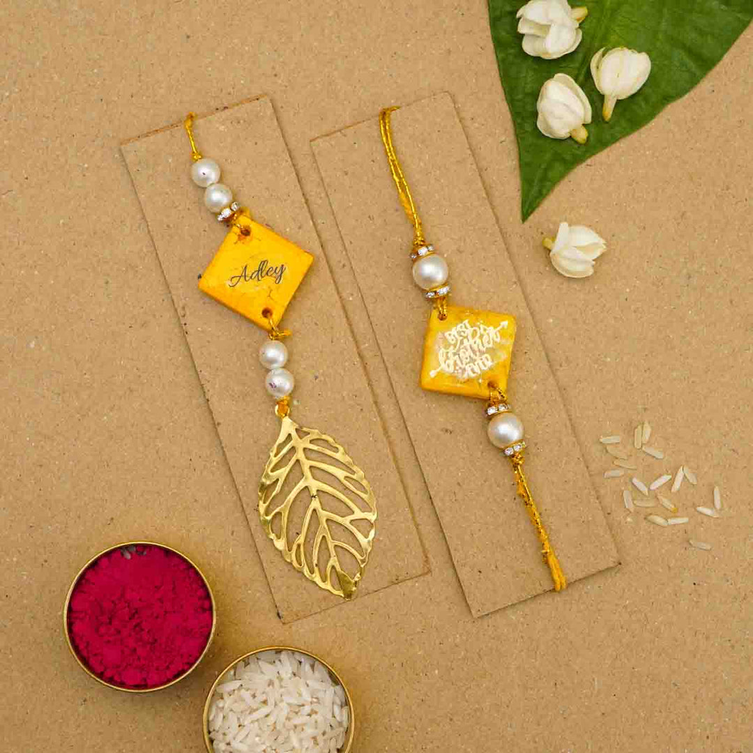 Personalized Handmade Yellow Resin Bhaiya Bhabhi Rakhi With Roli Chawal | Set of 2