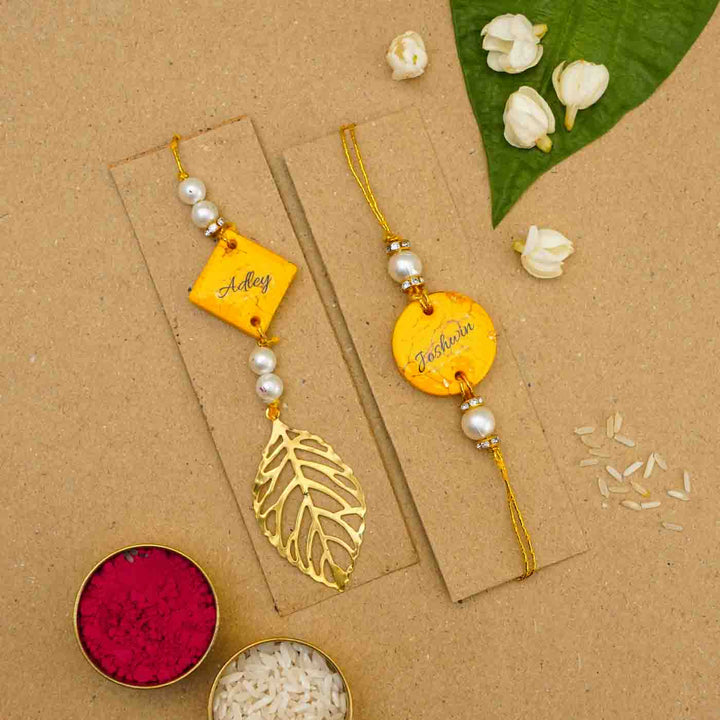 Personalized Handmade Yellow Resin Bhaiya Bhabhi Rakhi With Roli Chawal | Set of 2