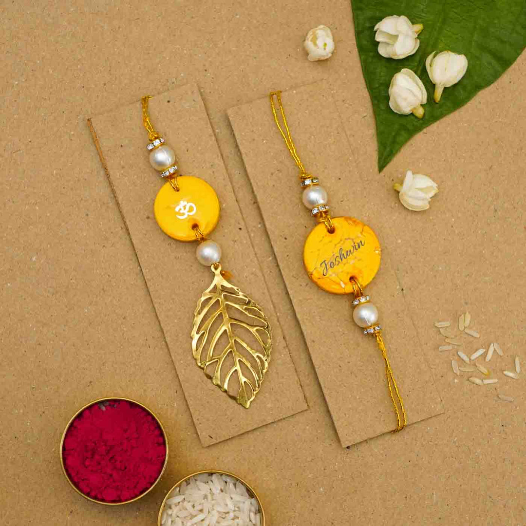 Personalized Handmade Yellow Resin Bhaiya Bhabhi Rakhi With Roli Chawal | Set of 2