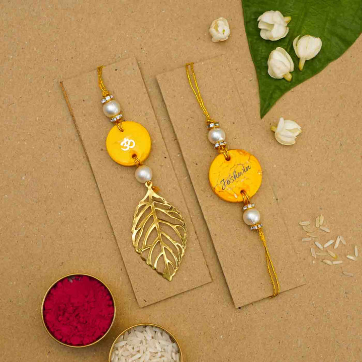 Personalized Handmade Yellow Resin Bhaiya Bhabhi Rakhi With Roli Chawal | Set of 2
