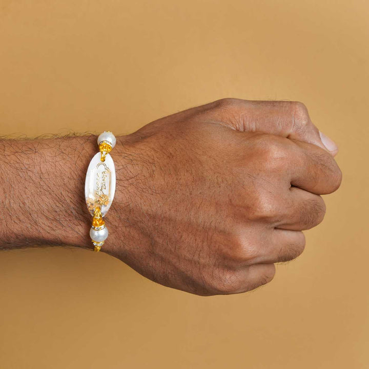 Personalized Handmade White Resin Rakhi With Roli Chawal
