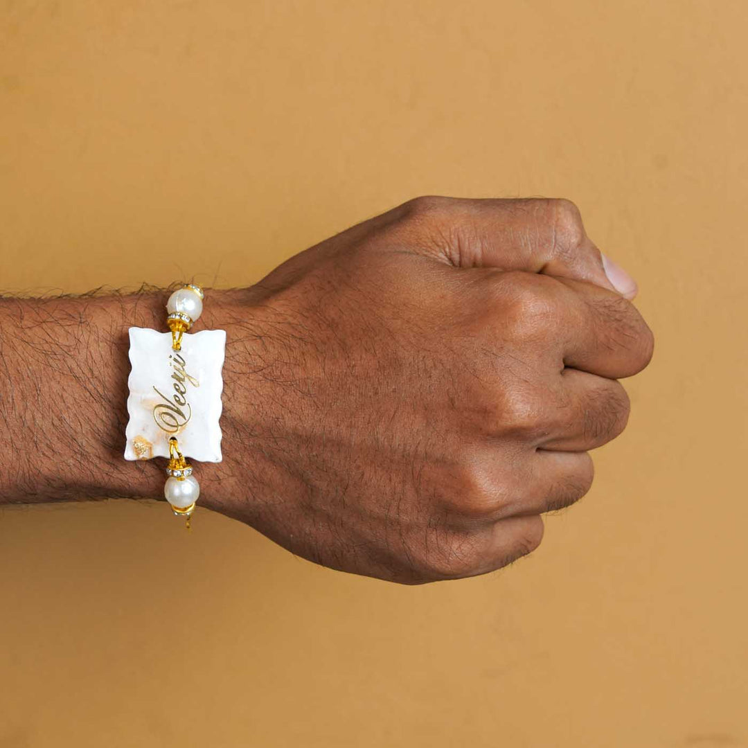 Personalized Handmade White Resin Rakhi With Roli Chawal