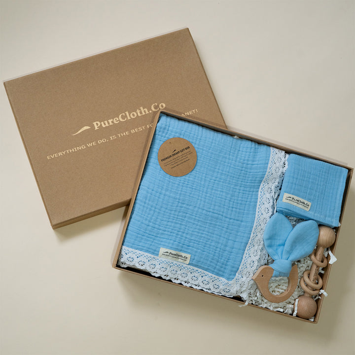 Little Nest Blue Newborn Gift Hamper | Swaddle, Teether & Rattle