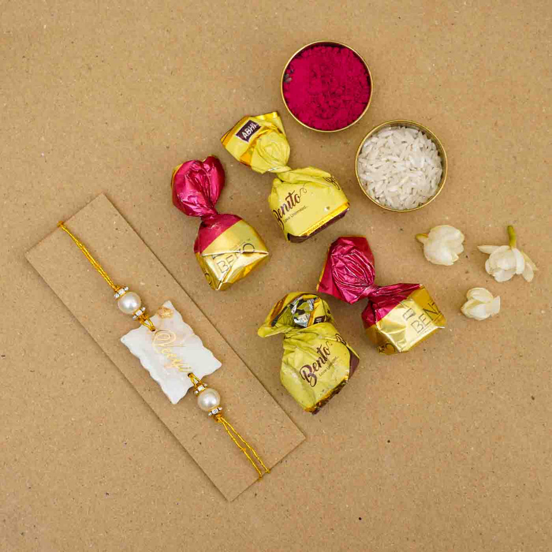 Personalized Handmade White Resin Rakhi With Roli Chawal