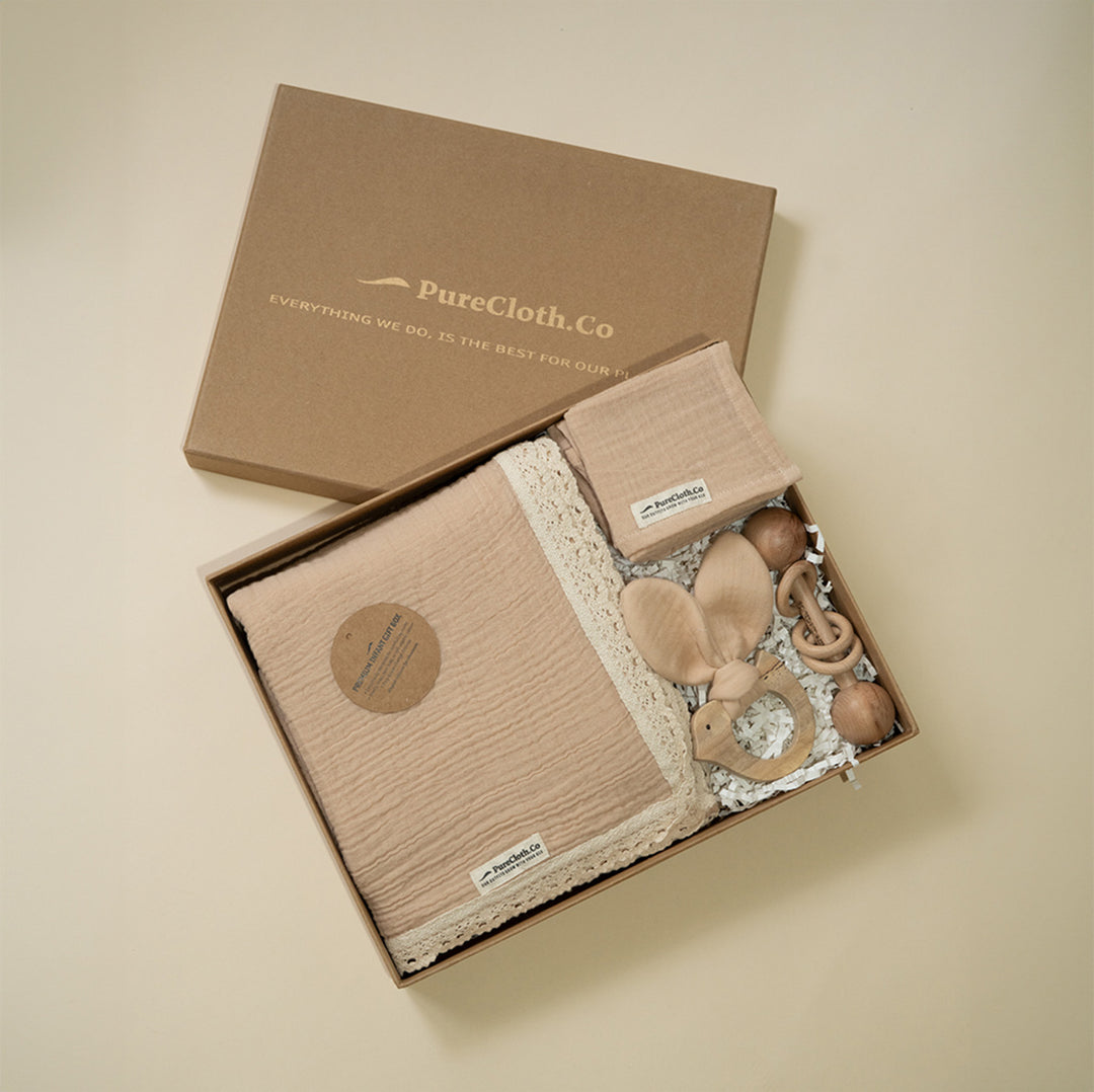 Little Nest Beige Newborn Gift Hamper | Swaddle, Teether & Rattle