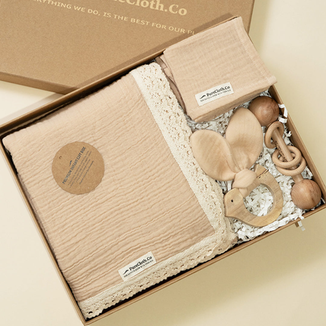 Little Nest Beige Newborn Gift Hamper | Swaddle, Teether & Rattle