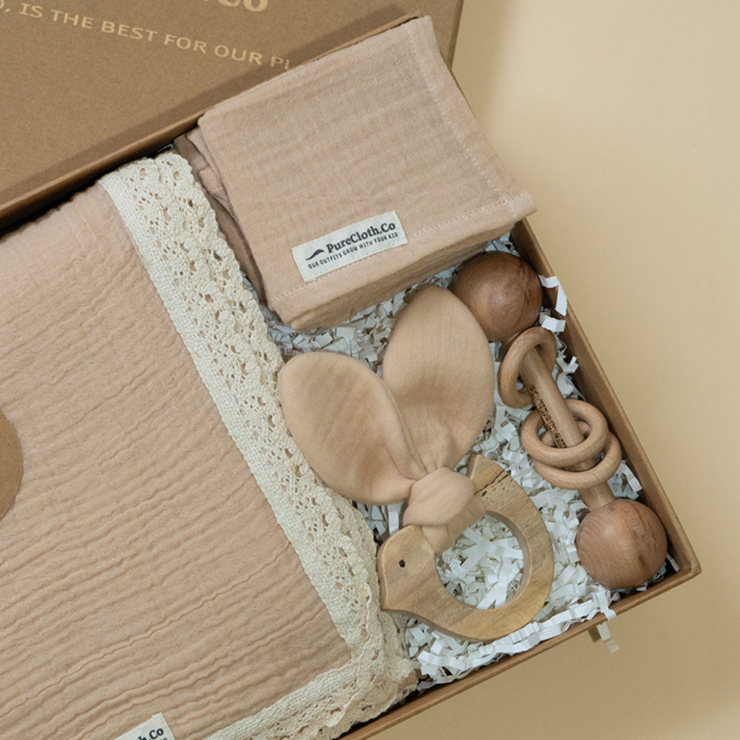 Little Nest Beige Newborn Gift Hamper | Swaddle, Teether & Rattle