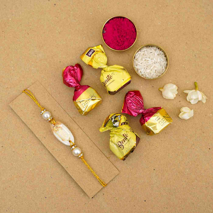 Personalized Handmade White Resin Rakhi With Roli Chawal