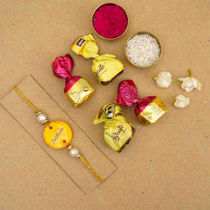 Personalized Handmade Yellow Resin Rakhi With Roli Chawal