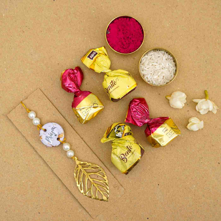 Personalized Handmade Lavendar Resin Lumba Rakhi for Bhabhi With Roli Chawal