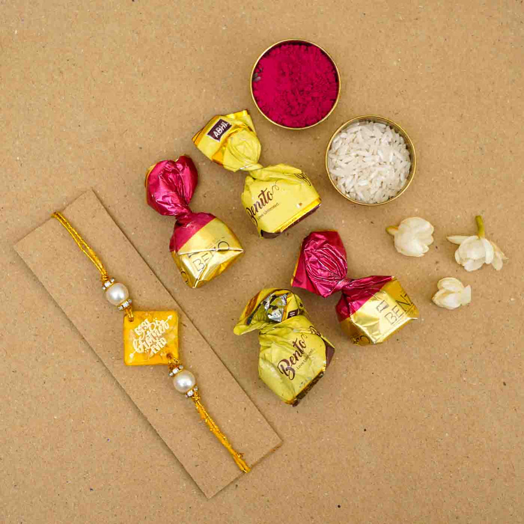 Personalized Handmade Yellow Resin Rakhi With Roli Chawal