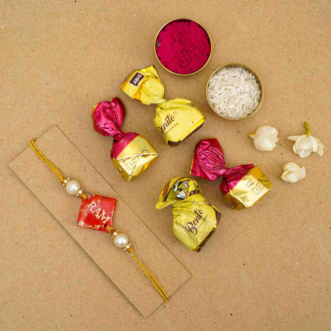 Personalized Handmade Red Resin Rakhi With Roli Chawal