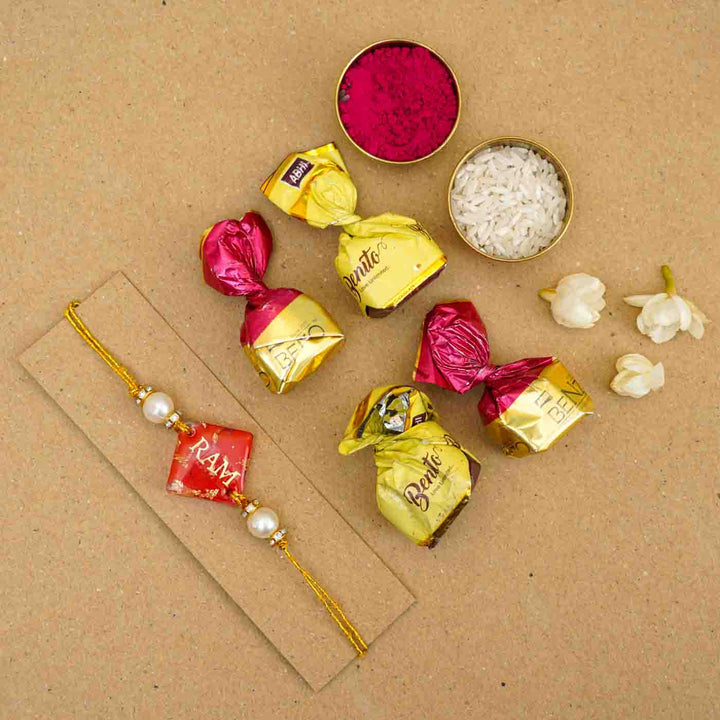 Personalized Handmade Red Resin Rakhi With Roli Chawal