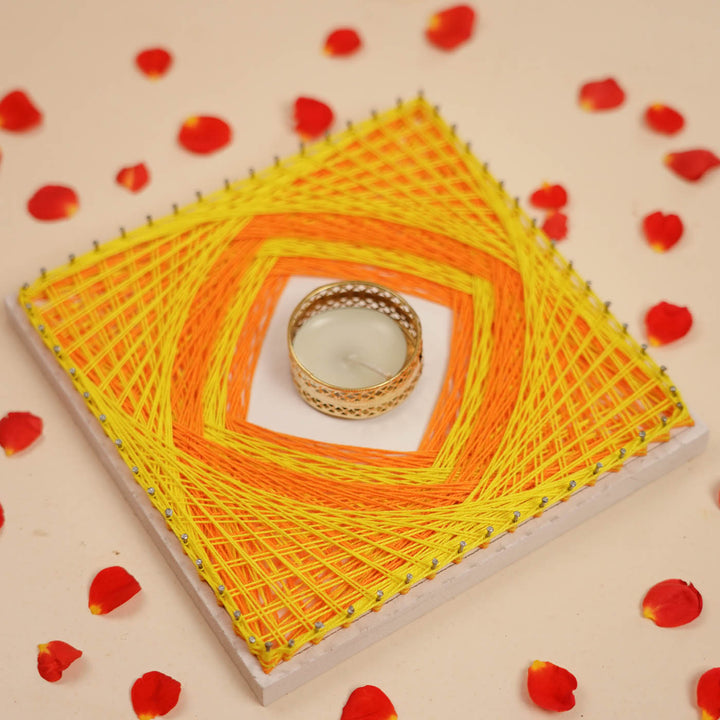 Handmade String Art Sunshine Design Wooden Tealight Holder With Tealight Candle