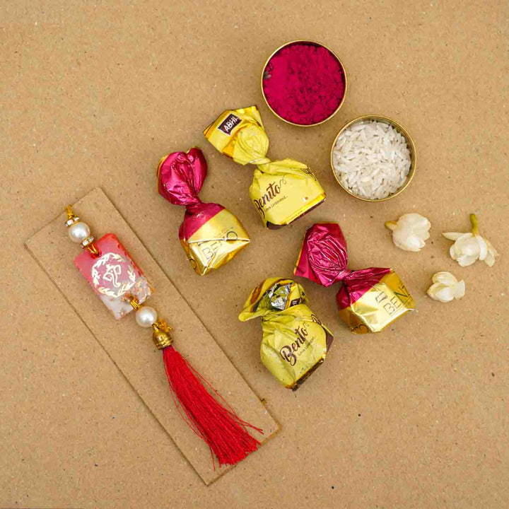 Personalized Handmade Red Resin Lumba Rakhi For Bhabhi With Roli Chawal - Rakhi Thread with Rice and Sweets