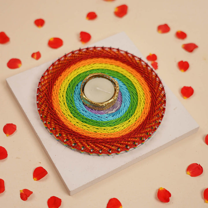 Handmade String Art Rainbow Design Wooden Tealight Holder With Tealight Candle