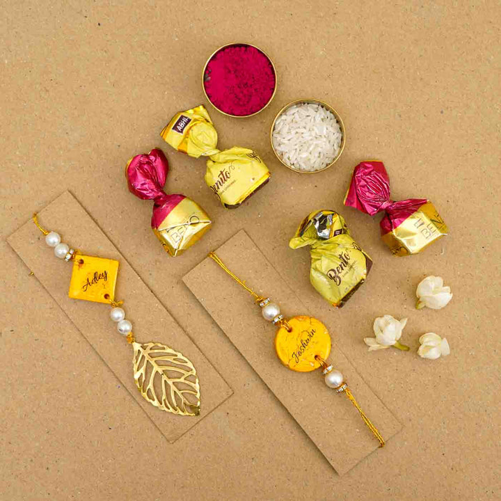 Personalized Handmade Yellow Resin Bhaiya Bhabhi Rakhi With Roli Chawal | Set of 2