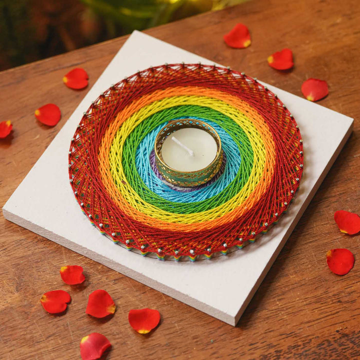 Handmade String Art Rainbow Design Wooden Tealight Holder With Tealight Candle