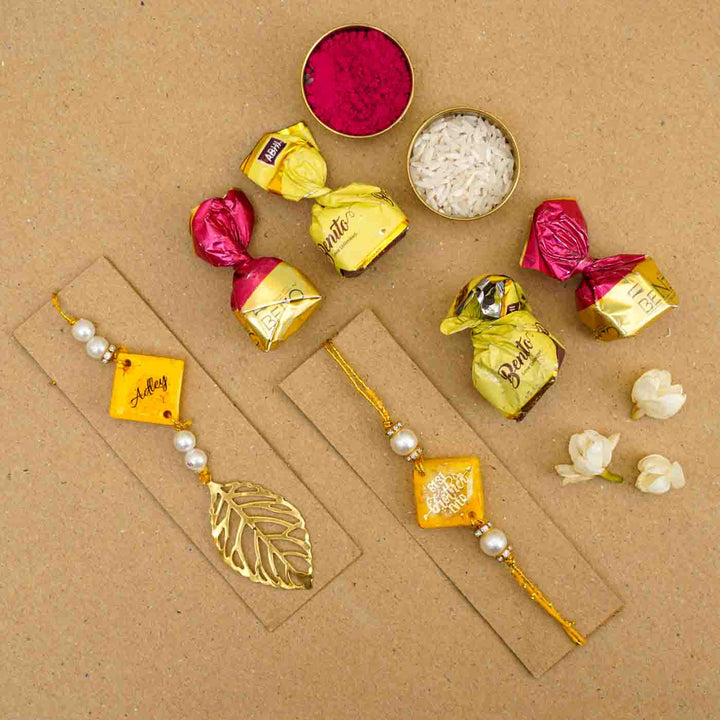 Personalized Handmade Yellow Resin Bhaiya Bhabhi Rakhi With Roli Chawal | Set of 2