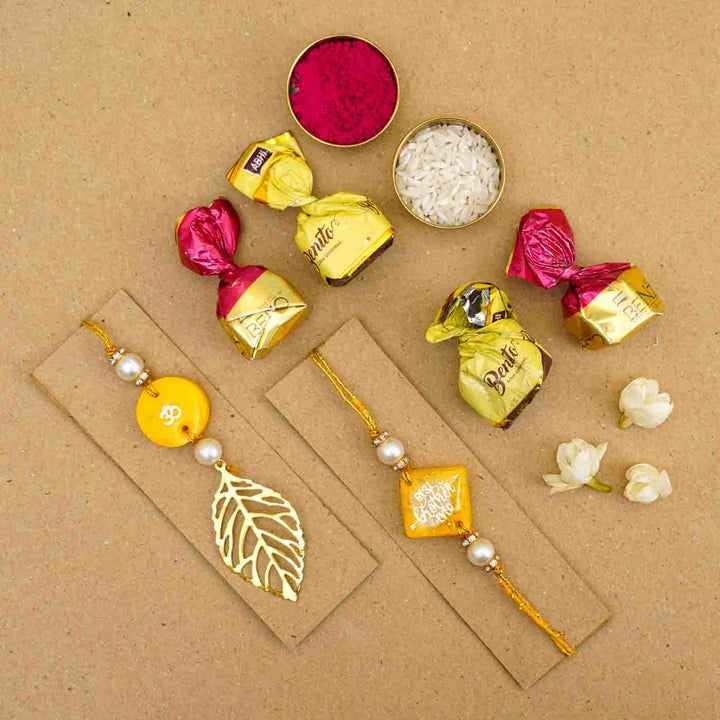 Personalized Handmade Yellow Resin Bhaiya Bhabhi Rakhi With Roli Chawal | Set of 2