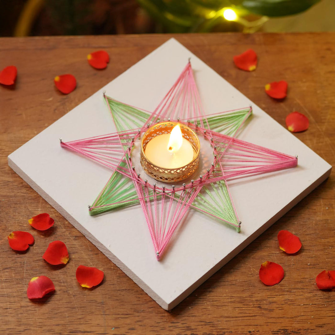 Handmade String Art Flower Design Wooden Tealight Holder With Tealight Candle