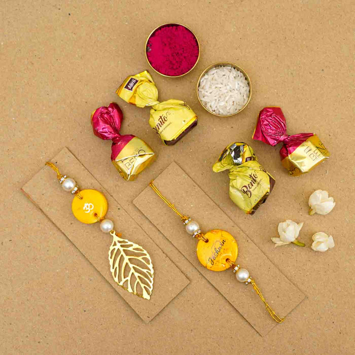 Personalized Handmade Yellow Resin Bhaiya Bhabhi Rakhi With Roli Chawal | Set of 2