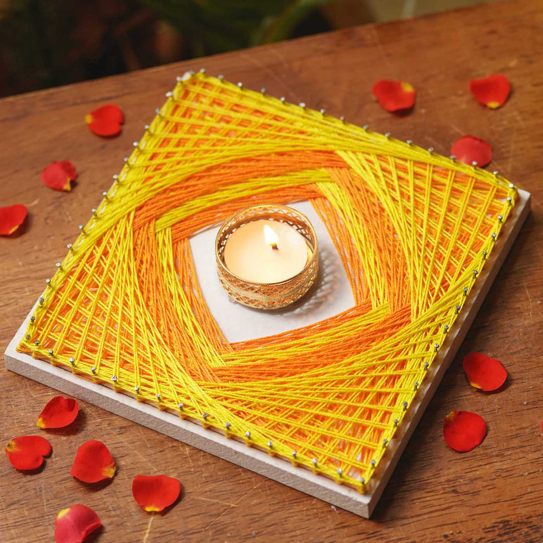 Handmade String Art Sunshine Design Wooden Tealight Holder With Tealight Candle