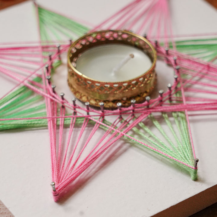 Handmade String Art Flower Design Wooden Tealight Holder With Tealight Candle