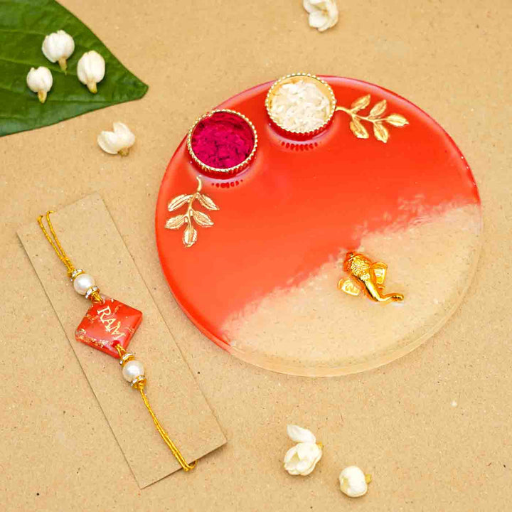 Personalized Handmade Red Resin Rakhi Thali  With Roli Chawal For Brother | Set of 2