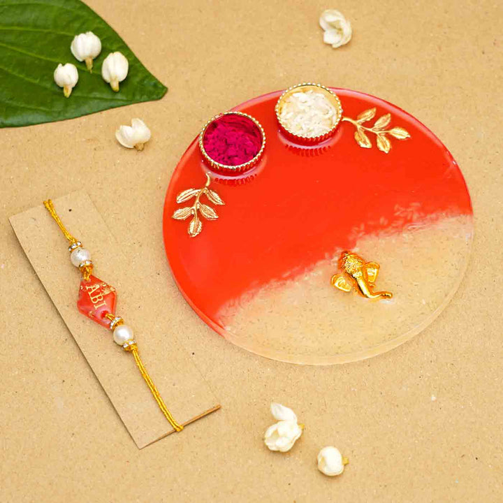 Personalized Handmade Red Resin Rakhi Thali  With Roli Chawal For Brother | Set of 2