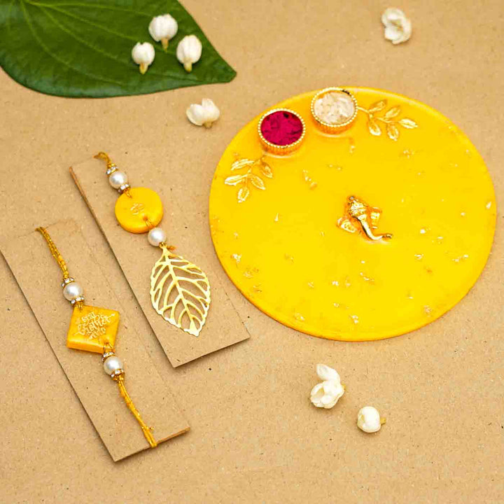 Personalized Handmade Yellow Resin Rakhi Thali  With Roli Chawal For Bhaiya and Bhabhi | Set of 3