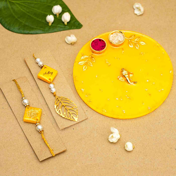 Personalized Handmade Yellow Resin Rakhi Thali  With Roli Chawal For Bhaiya and Bhabhi | Set of 3