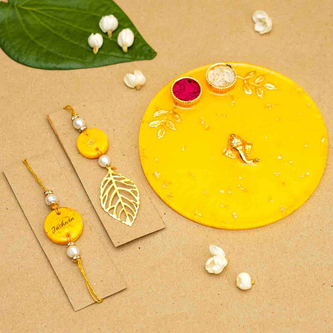 Personalized Handmade Yellow Resin Rakhi Thali  With Roli Chawal For Bhaiya and Bhabhi | Set of 3