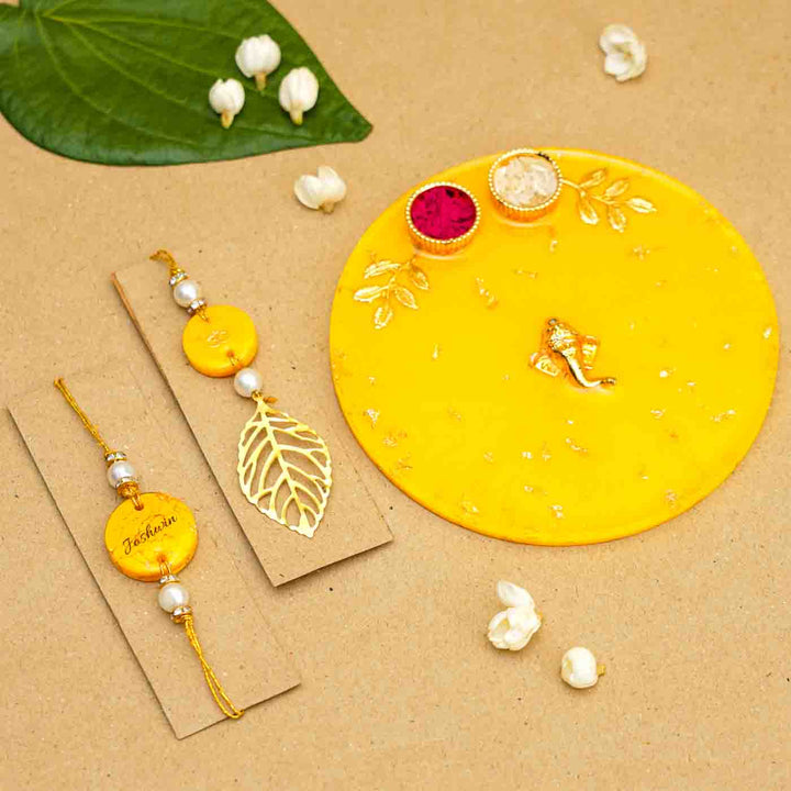 Personalized Handmade Yellow Resin Rakhi Thali  With Roli Chawal For Bhaiya and Bhabhi | Set of 3