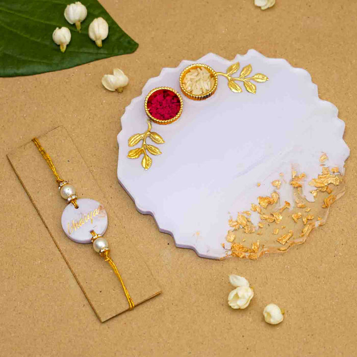 Personalized Handmade Lavendar Resin Rakhi Thali  With Roli Chawal For Brother | Set of 2