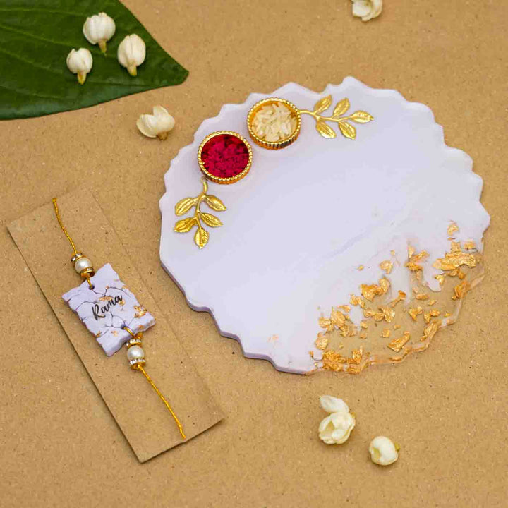 Personalized Handmade Lavendar Resin Rakhi Thali  With Roli Chawal For Brother | Set of 2