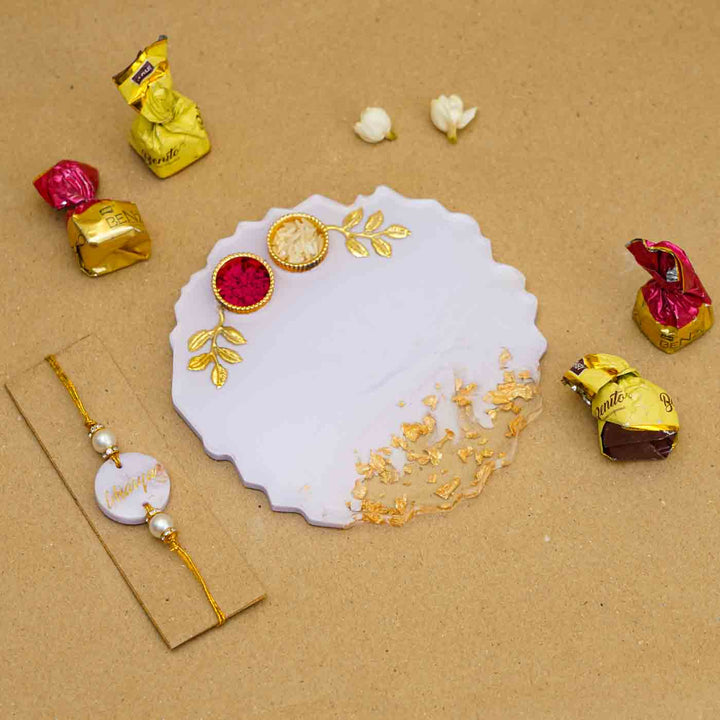 Personalized Handmade Lavendar Resin Rakhi Thali  With Roli Chawal For Brother | Set of 2