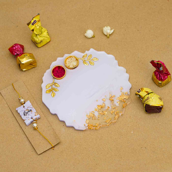 Personalized Handmade Lavendar Resin Rakhi Thali  With Roli Chawal For Brother | Set of 2