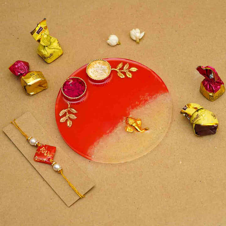 Personalized Handmade Red Resin Rakhi Thali  With Roli Chawal For Brother | Set of 2