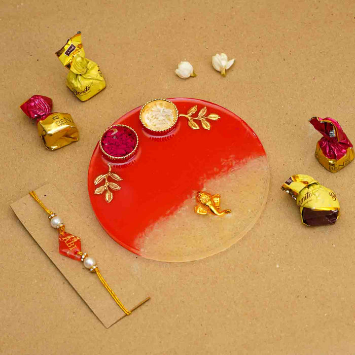 Personalized Handmade Red Resin Rakhi Thali  With Roli Chawal For Brother | Set of 2