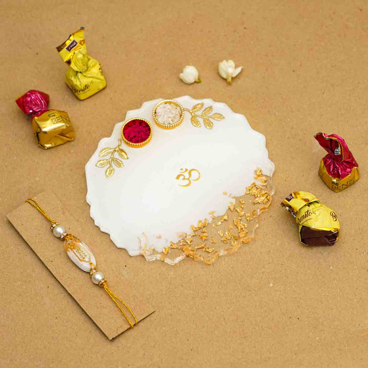 Personalized Handmade White Resin Rakhi Thali  With Roli Chawal For Brother | Set of 2
