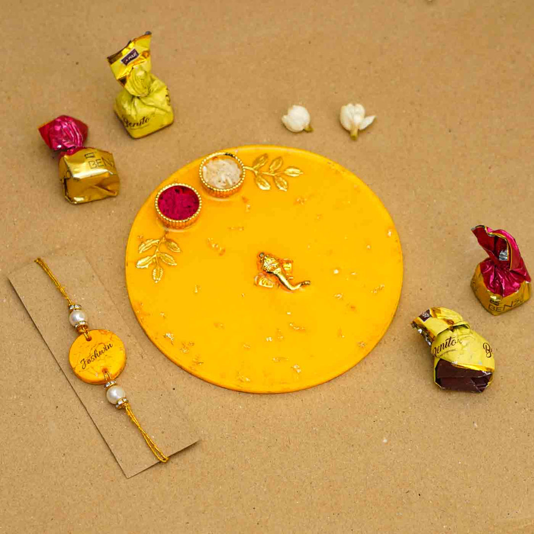 Personalized Handmade Yello Resin Rakhi Thali With Roli Chawal For Brother Set Of 2 - Personalized Rakhi with chocolates
