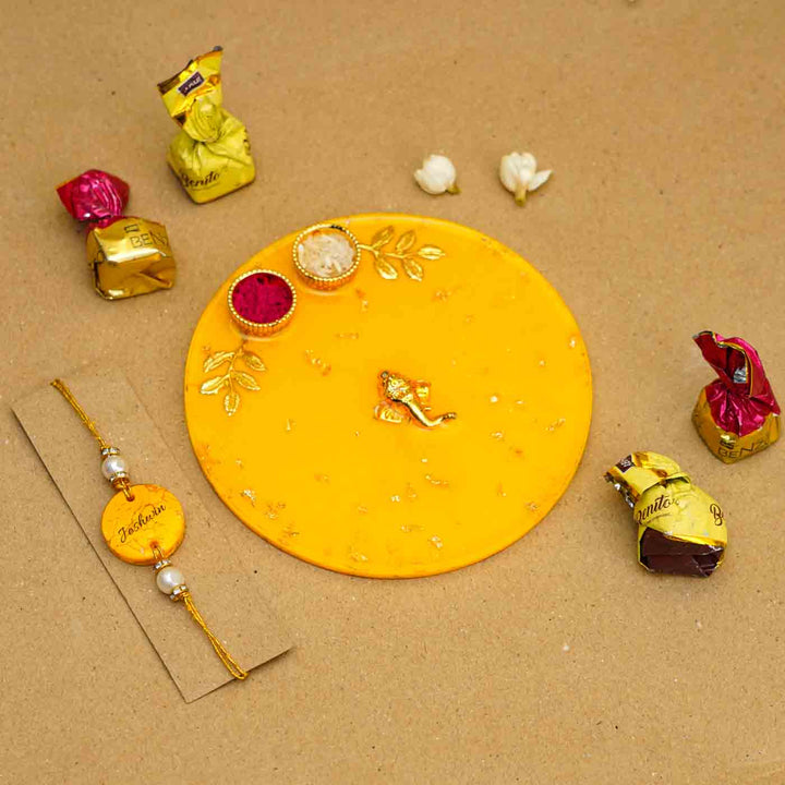 Personalized Handmade Yello Resin Rakhi Thali With Roli Chawal For Brother Set Of 2 - Personalized Rakhi with chocolates