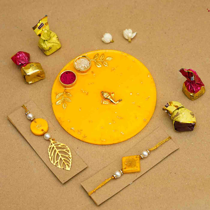 Personalized Handmade Yellow Resin Rakhi Thali  With Roli Chawal For Bhaiya and Bhabhi | Set of 3