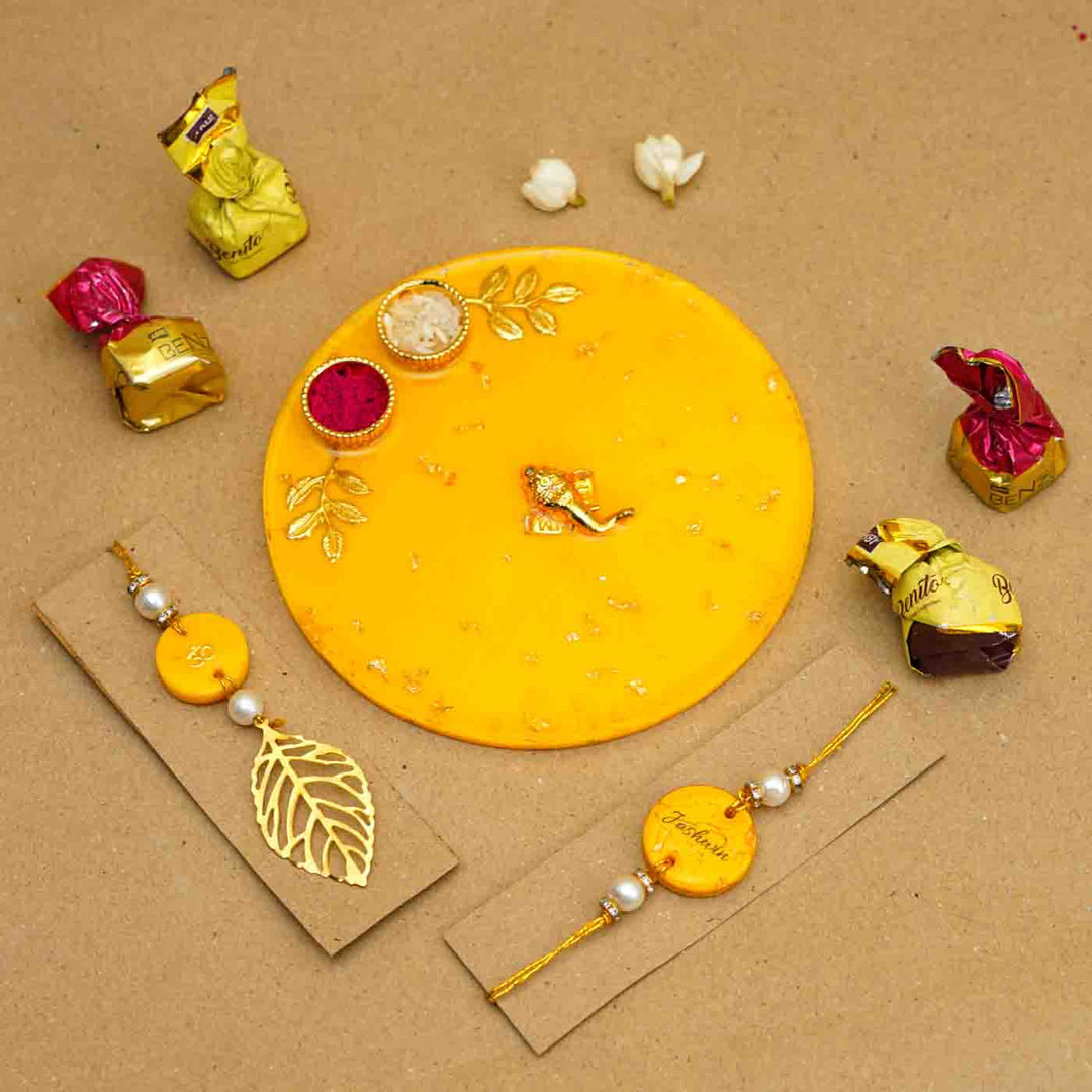 Personalized Handmade Yellow Resin Rakhi Thali  With Roli Chawal For Bhaiya and Bhabhi | Set of 3
