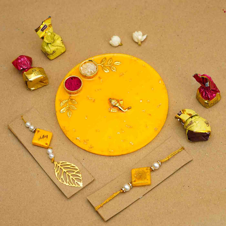 Personalized Handmade Yellow Resin Rakhi Thali  With Roli Chawal For Bhaiya and Bhabhi | Set of 3